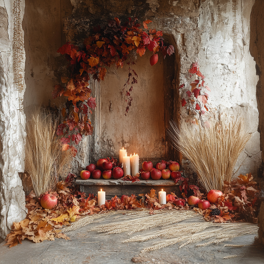 An altar with lit candles and fall decoration like apples and leaves